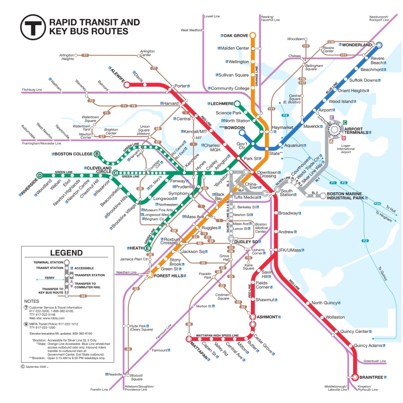 Map of Boston's rapid transit and key bus routes, showing multiple colored lines, station names, and a legend.