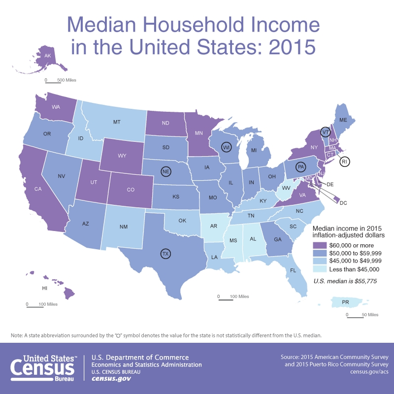 Map of U.S. displaying median household income by state in 2015, color-coded in four income ranges.