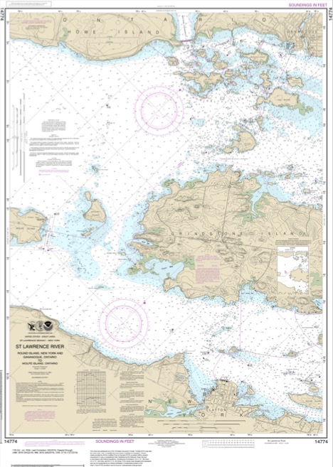 Nautical chart of the St. Lawrence River between Kingston, Ontario, and Admiralty Islands.