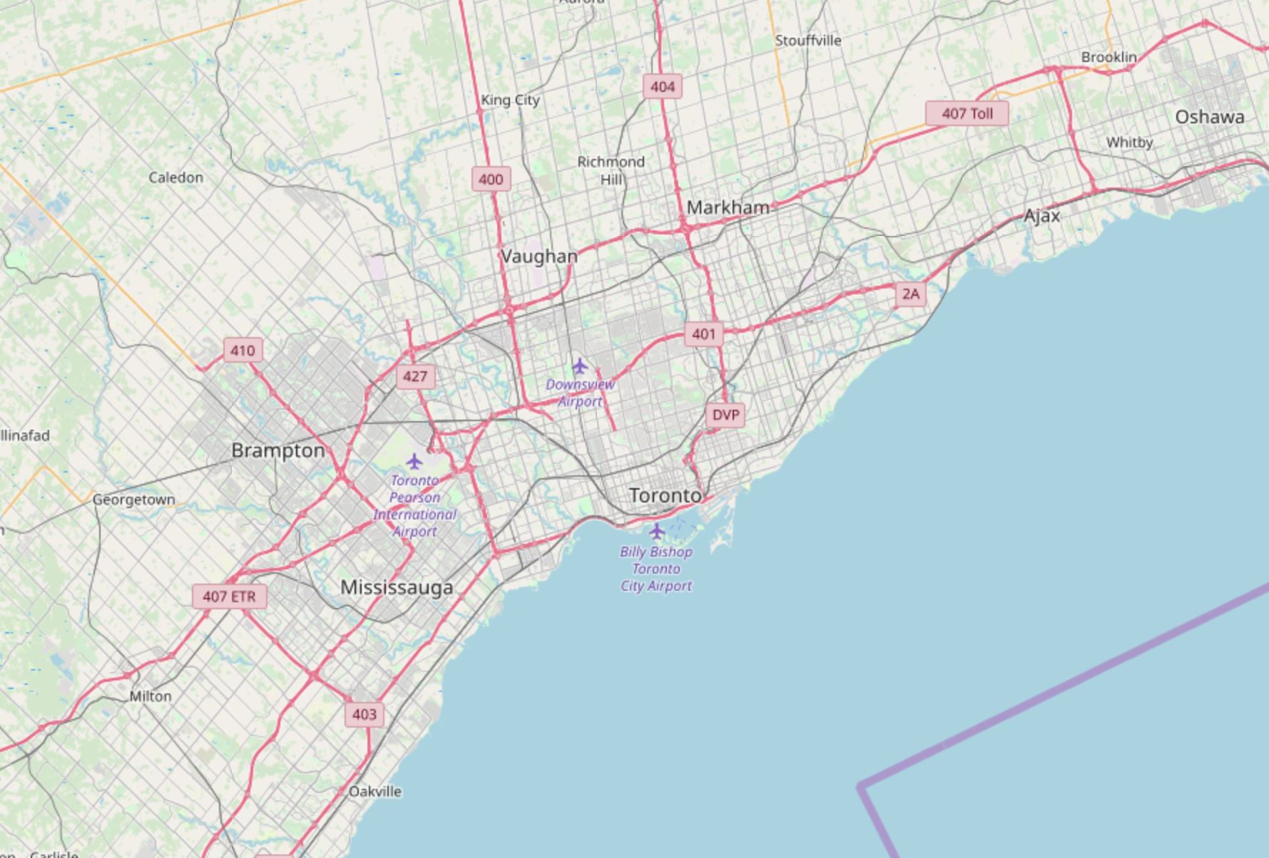 An OpenStreetMap basemap of the Greater Toronto Area showing cities, highways, and airports.