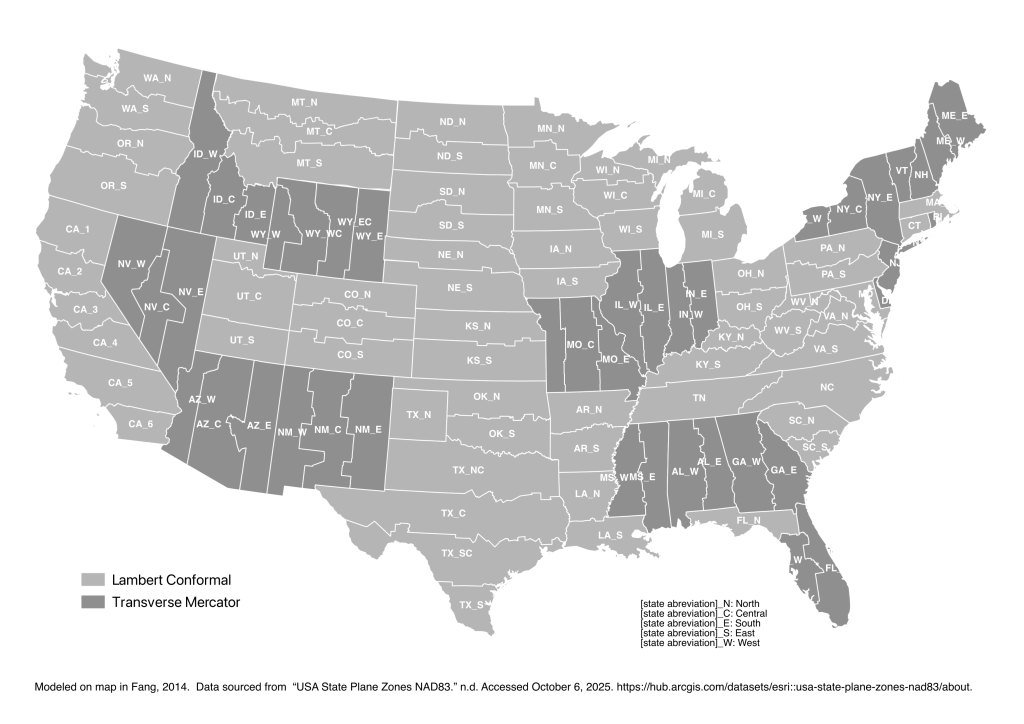 Illustration of the State Plane Divisions, most states have divisions which are labeled by their direction. In this map the Missouri east division is labeled as MO_E