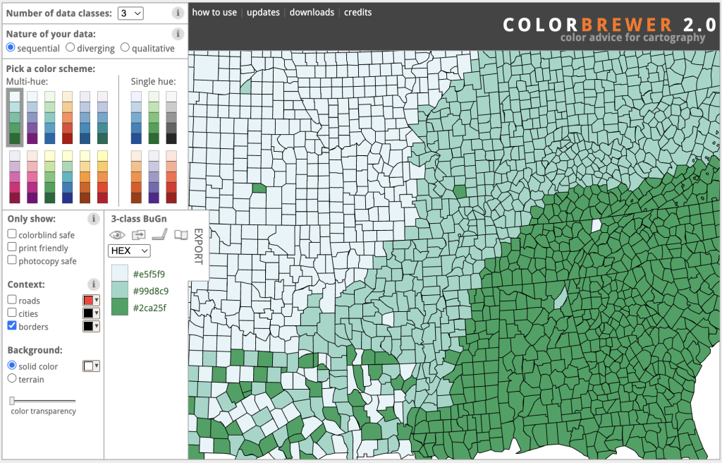 A screenshot of the Colorbrewer interface showing color ramps and other formatting options