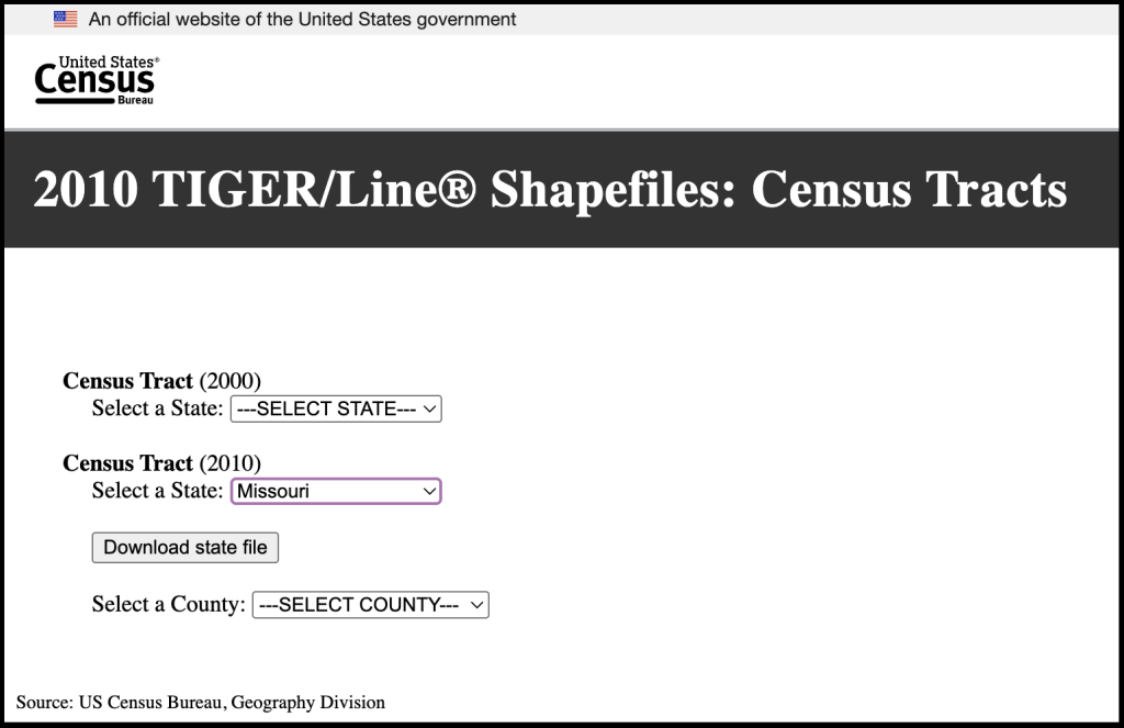 Screenshot of the Tigerline website to get the 2010, Missouri Census tracts.