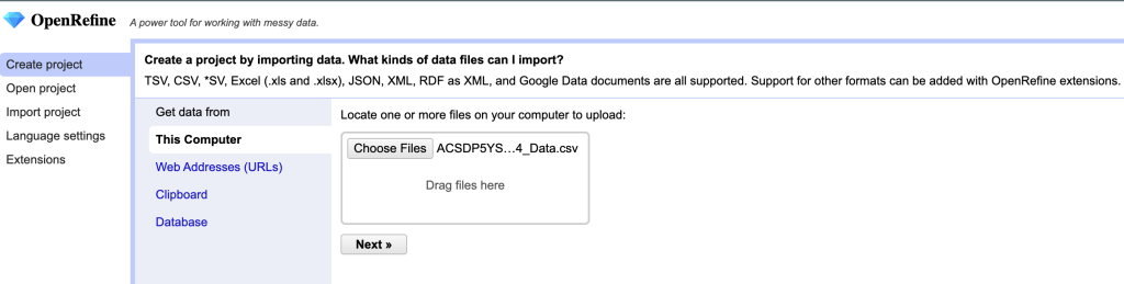 Screenshot of the upload dialog in OpenRefine