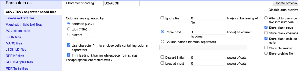 Screen shot of parsing in open refine. Select trim leading and trailing whitespace.