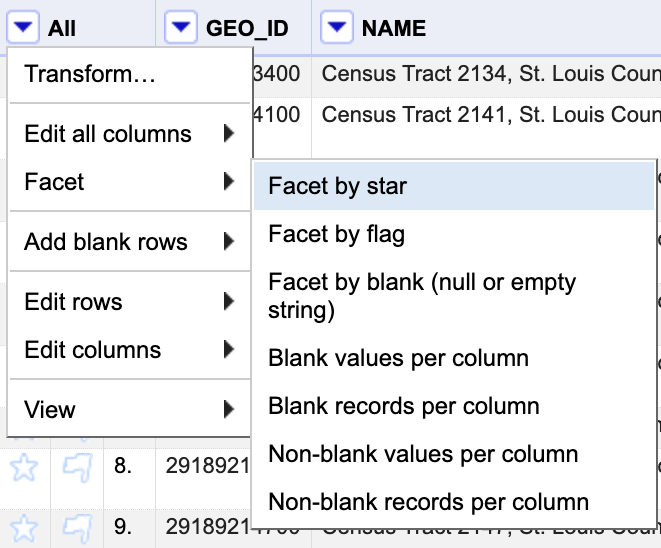 Screenshot form the All menu in OpenRefine, the Facet menu is expanded and Facet by Star is selected.