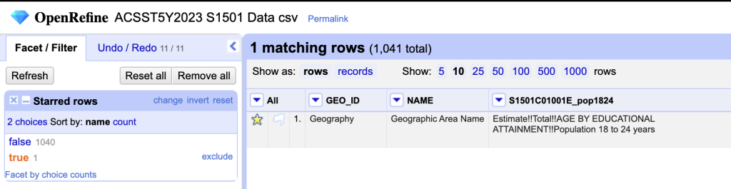Screenshot of matching rows in facet menu.