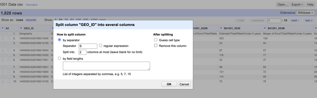 Dialog for splitting columns by a separator.