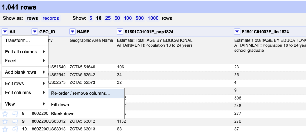 All menu with edit columns selected, the reorder/remove columns option is selected.