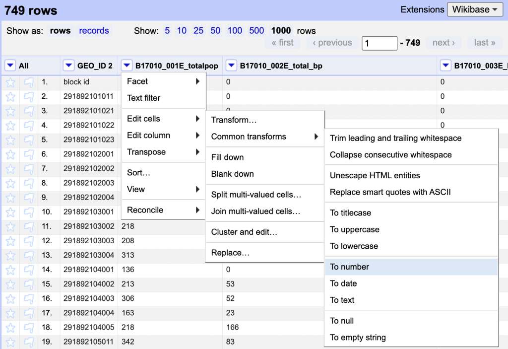 Screenshot of a single column menu, common transformations are expanded and to number is selected.