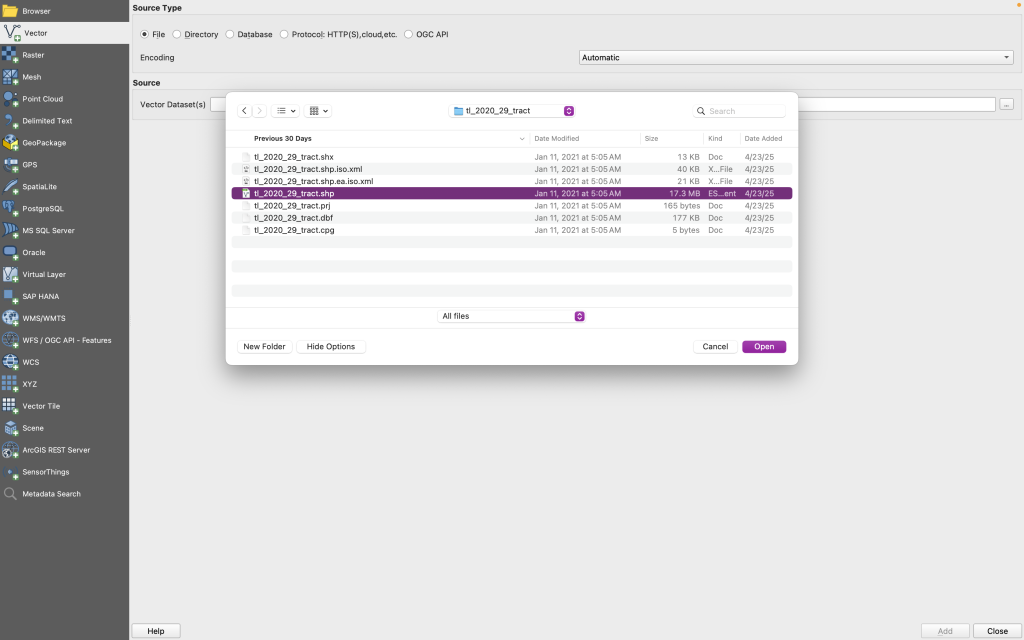 A screenshot depicting selecting a file in a directory to add to QGIS.