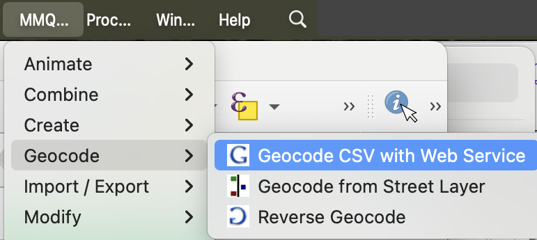 A screenshot showing the geocoding options in the MMQGIS menu, with Geocode CSV with Web Service Selected.