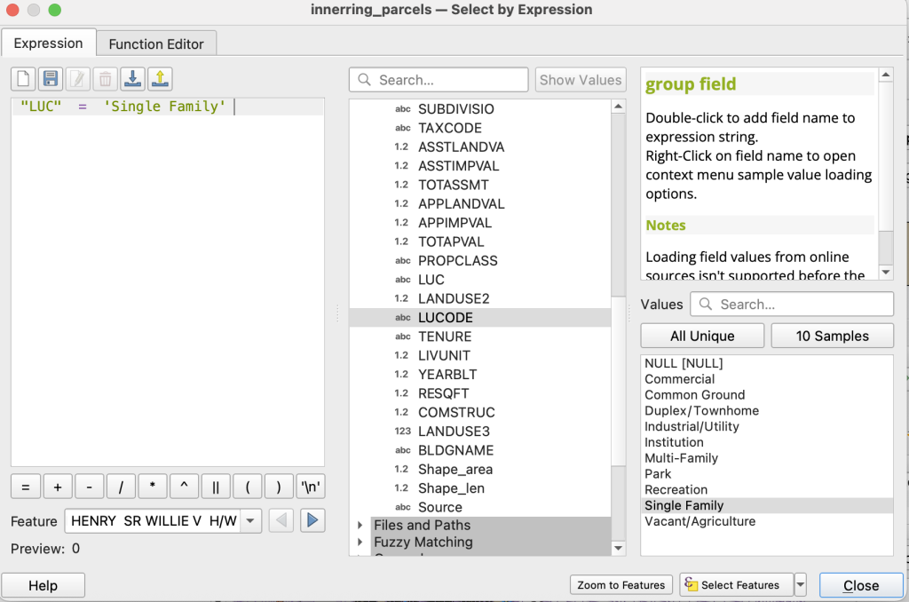 A screen shot showing the select by attribute dialog with "LUCODE" = 'Single Family' input.