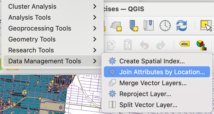 Screen shot of the vector menu, in the "data management tools option", with "join attributes by location selected".