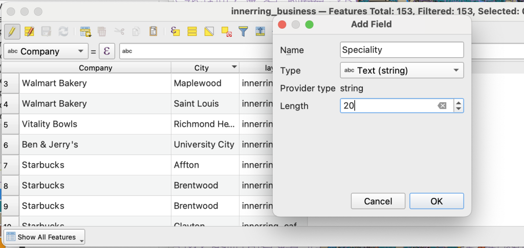 Screenshot of the dialog with to add a new field, in this case, name is specialty, type is text (string), length is 20