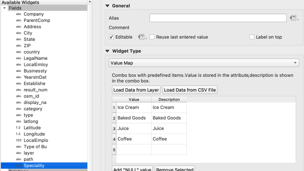 A screenshot of the fields widgets dialog. Speciality is selected and the "Value Map" widget type is populated with Ice cream, backed goos, juice, coffee.