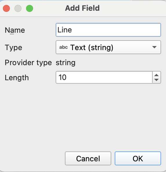 An add field dialog with the name being "Line", type being "Text (string)", and length is 10