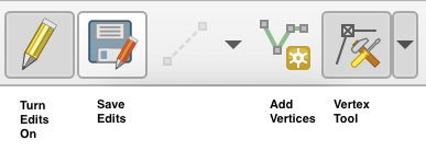 The edit features tool bar which includes buttons for different actions; the pencil is to toggle on editing, floppy disc is to save edits, nodes and lines to with a star is to add vertices, and a node and lines with tool symbols is to edit vertices.