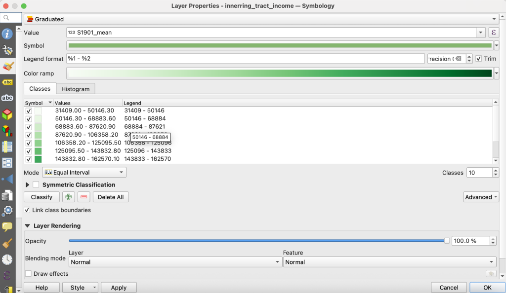 This shows the symbology dialog starting with the attribute being visualized, color ramp, number of classes, classification method, etc.