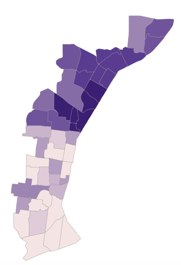 Results of the symbolizing the black population relative to total population demonstrates a higher concentration of black residents in the northern inner-ring suburbs.