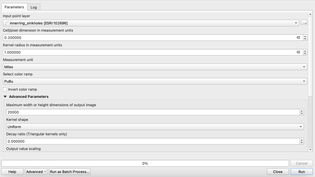 An image of the QGIS dialog to define parameters for the kernel density estimator, as described in the chapter.