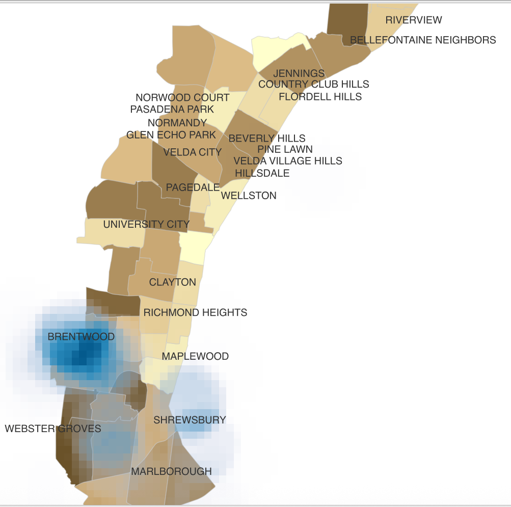 Image of the results of the kernel density estimation of sinkholes layers over the owner occupied choropleth layer