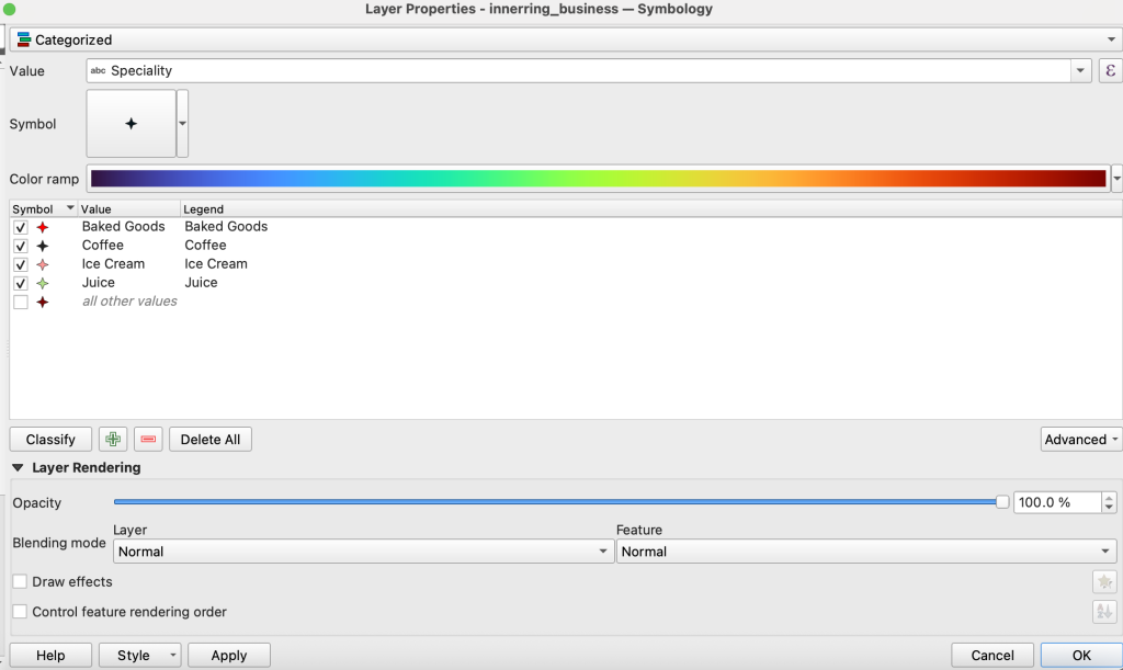 QGIS symbology dialog with Categorized symbols selected