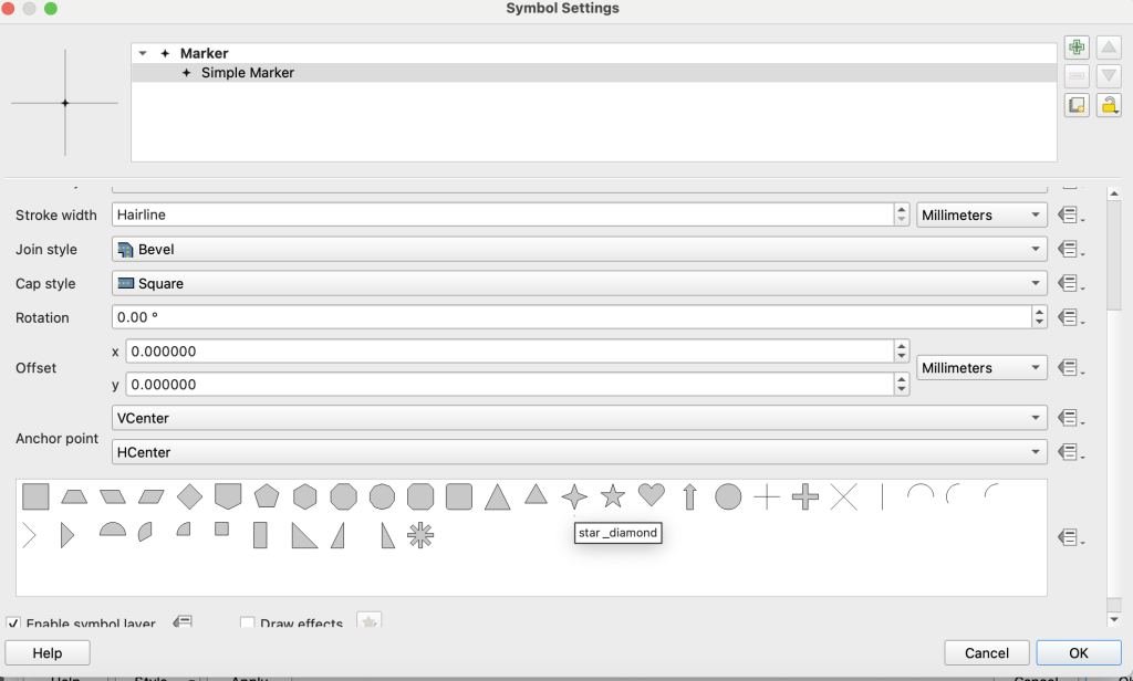 QGIS dialog for selecting a marker.