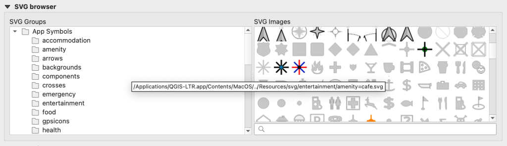 SVG browser showing the additional symbols available with the resource sharing plugin