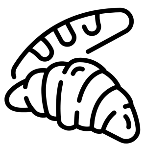 The symbol for bakery is a baguette and croissant.