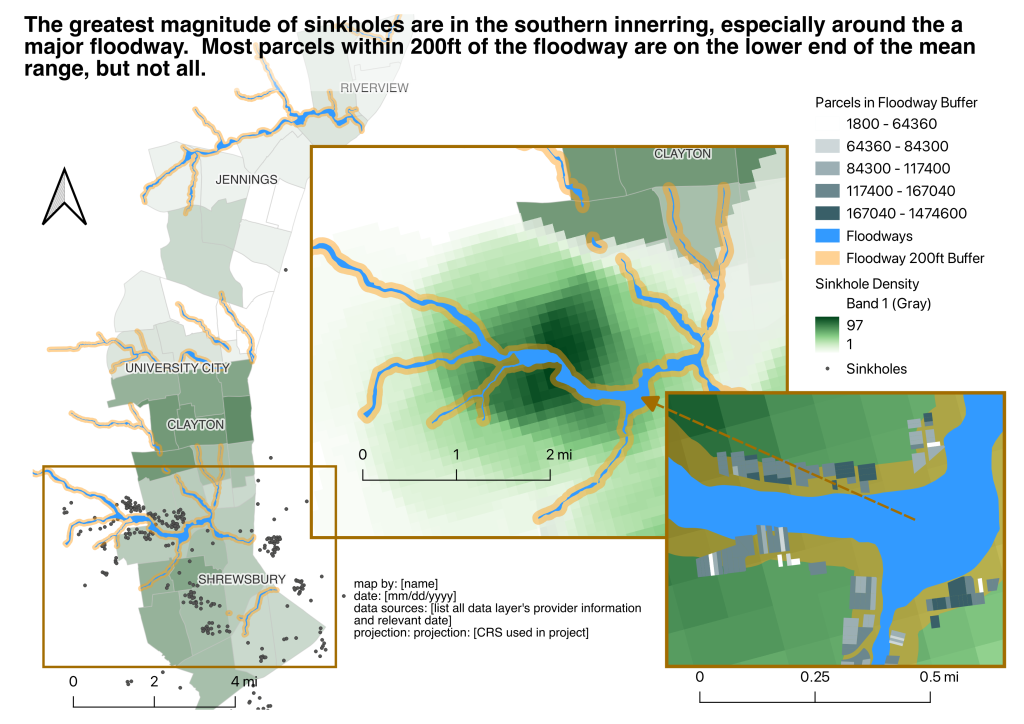 Map 3 shows an overview map with housing values and sinkholes, and focused maps with sinkhole density and buffered floodways with intersecting parcels.