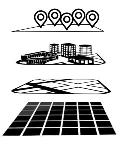 Illustration of a point layer hovering over a polygon layer, which is hovering over a polygon layer, which is hovering over a line layer, which is hovering over a raster grid.