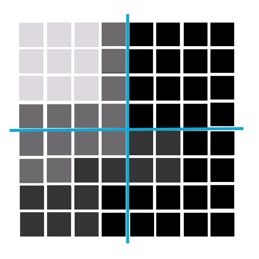 Cells in a grid that is divided into four quadrants. Quadrants are divided by similarity of cells.