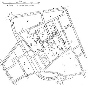 Map of Soho, London, with black lines indicating cholera outbreaks and a black dot indicating the water pump on Broad Street