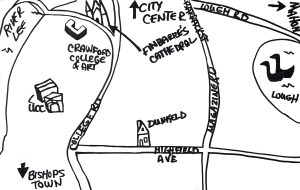 Hand-drawn map showing buildings, streets, and landmarks based on the mapmaker's memory
