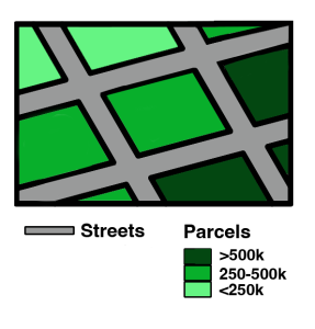 Illustration of polygons symbolized by graduated colors with higher value polygons darker, and lower values lighter.